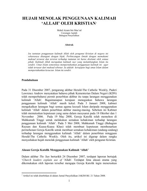 hujah menolak penggunaan kalimah 'allah' - Jabatan Kemajuan ...