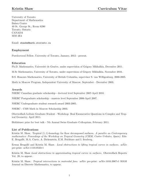 Kristin Shaw Curriculum Vitae - Department of Mathematics ...