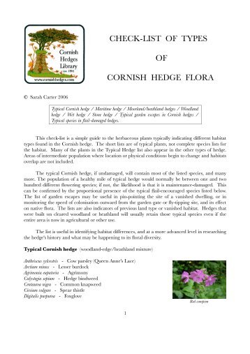 Check-list of Types of Cornish Hedge Flora - Cornish Hedges