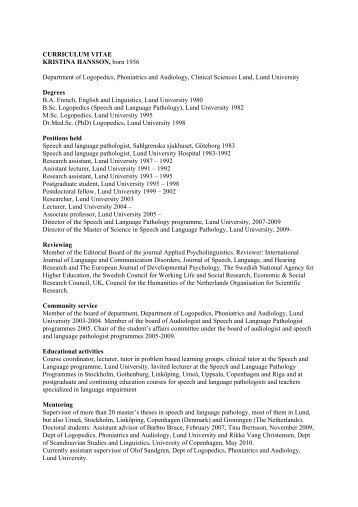 CURRICULUM VITAE KRISTINA HANSSON, born 1956 Department ...