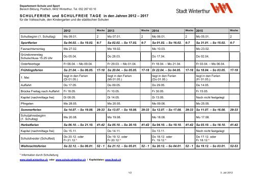 Schulferien Plan - Schule Winterthur