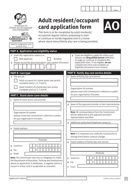 Adult Resident/ occupant blue card application form