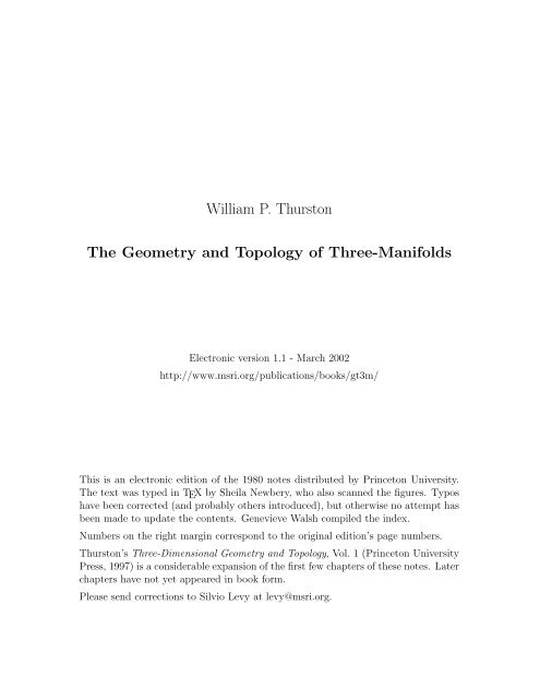 William P Thurston The Geometry And Topology Of Three Manifolds