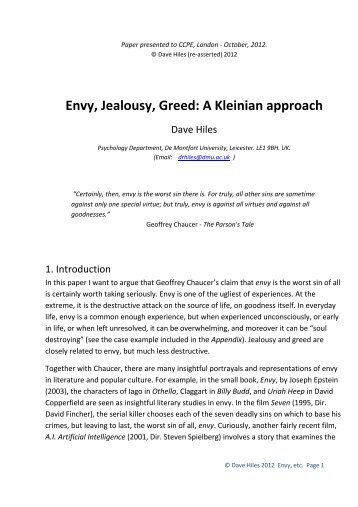 Envy, Jealousy, Greed: A Kleinian approach - De Montfort University
