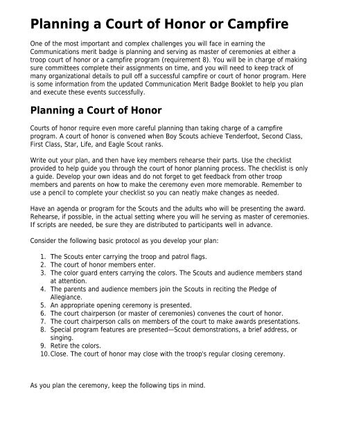 Planning a Court of Honor or Campfire Boy Scout Troop 195