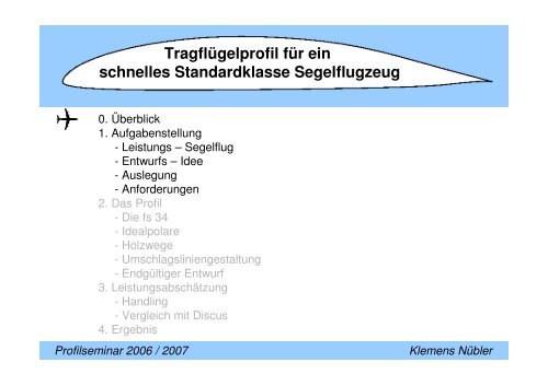 Tragflügelprofil für ein schnelles Standardklasse Segelflugzeug - IAG