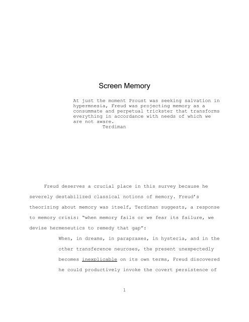Screen Memory - Department of English