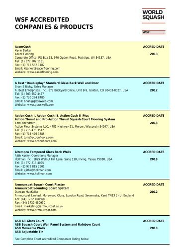 130117 WSF Accredited Companies - World Squash Federation