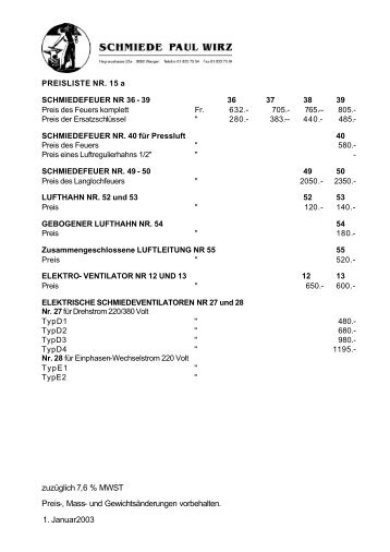 Preisliste Nr. 15a / b - Schmiede Paul Wirz