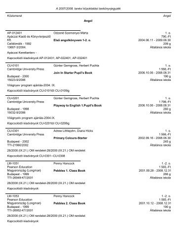 Angol Közismeret A 2007/2008. tanévi közoktatási tankönyvjegyzék ...