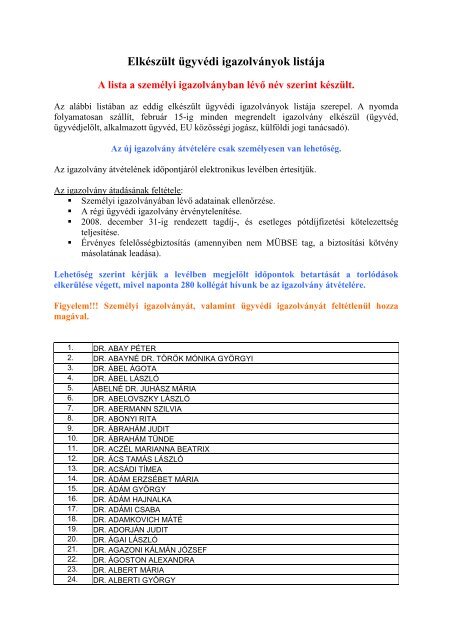Elkészült ügyvédi igazolványok listája - Budapesti Ügyvédi Kamara