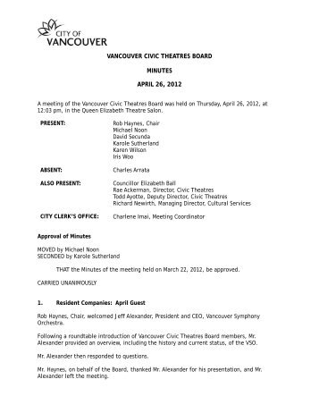 Vancouver Civic Theatres Board Minutes - April ... - City of Vancouver