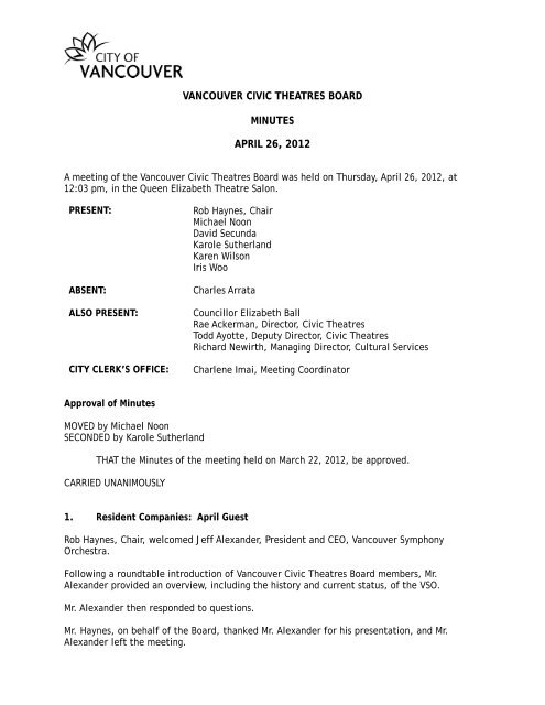 Vancouver Civic Theatres Board Minutes - April ... - City of Vancouver
