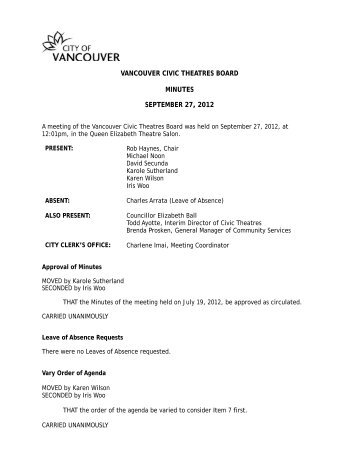 Minutes - Vancouver Civic Theatres Board: 2012 ... - City of Vancouver