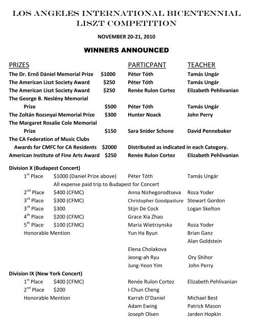 los angeles international bicentennial liszt competition prizes