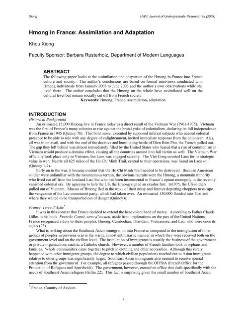 Hmong in France: Assimilation and Adaptation - University of ...