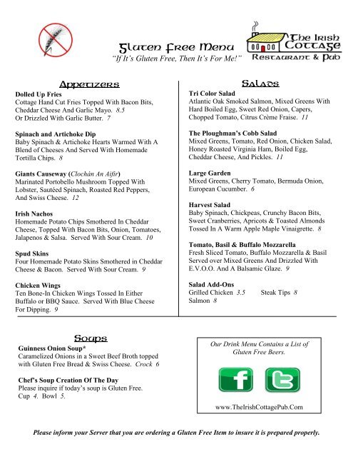 Gluten Free Menu The Irish Cottage