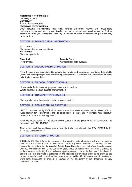 material safety data sheet lldpe - Indian Oil Corporation Limited