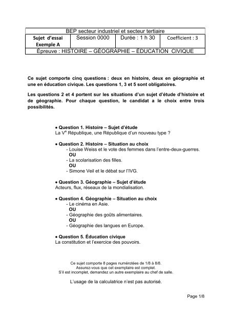 Bep Secteur Industriel Et Secteur Tertiaire Sujet D Essai Exemple A