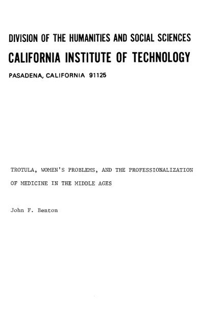 Trotula, women's problems, and the professionalization of medicine ...