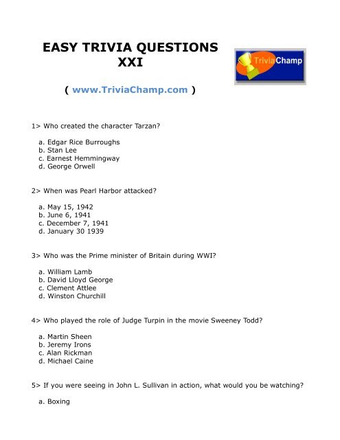 Easy Trivia Questions Xxi Trivia Champ