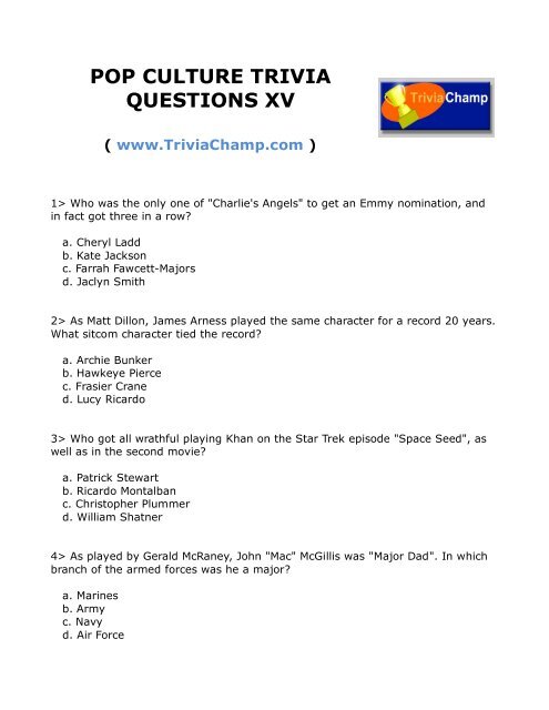 POP CULTURE TRIVIA QUESTIONS XV - Trivia Champ