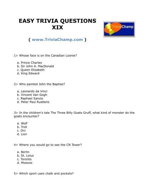 Easy Trivia Questions Xix Trivia Champ