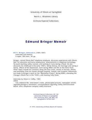 Edmund Bringer Memoir - Brookens Library