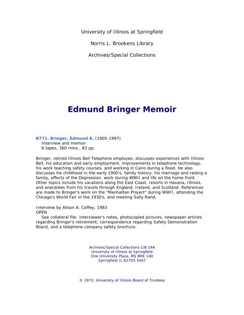Edmund Bringer Memoir - Brookens Library