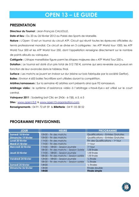 OPEN 13 2012 DOSSIER DE PRESSE