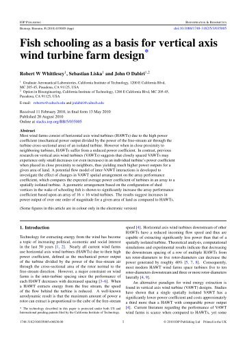 Fish schooling as a basis for vertical axis wind turbine farm design