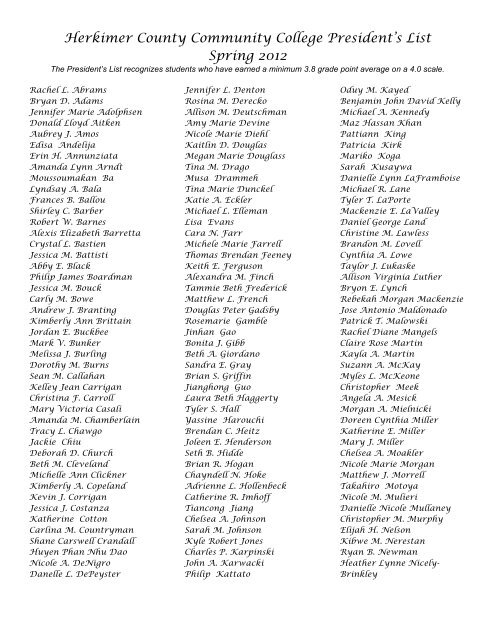 President's List Spring 2012 - Herkimer County Community College