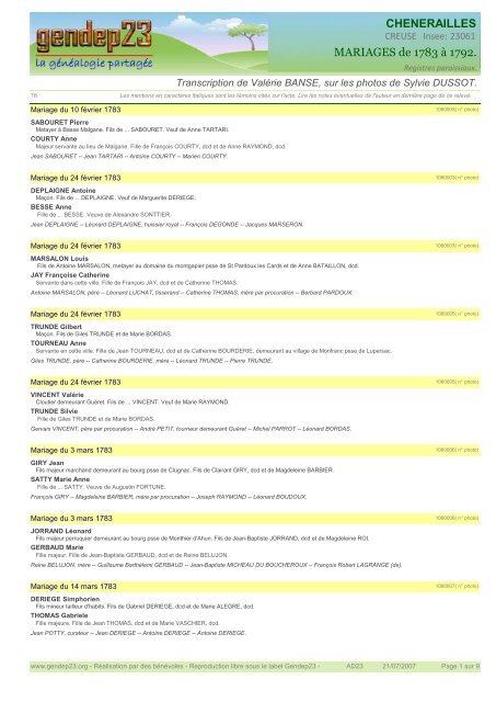 MARIAGES de 1783 à 1792. CHENERAILLES - Gendep23