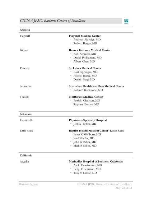 CIGNA JPMC Bariatric Centers Of Excellence