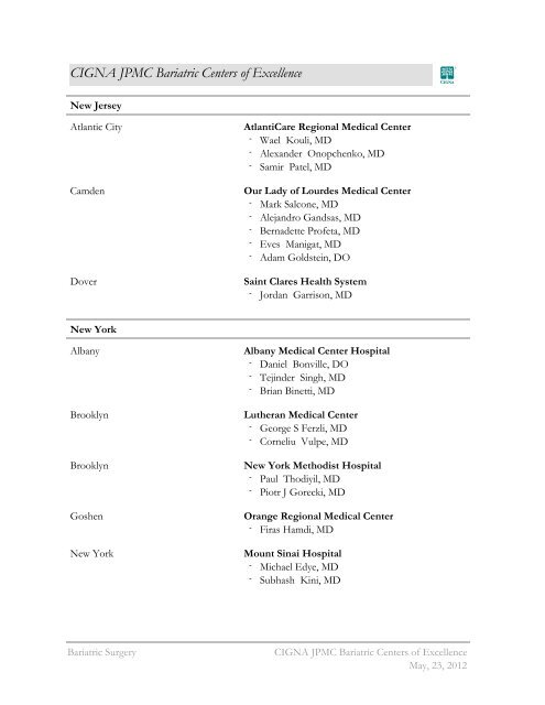 CIGNA JPMC Bariatric Centers Of Excellence