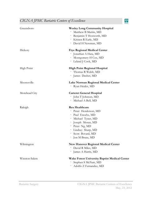 CIGNA JPMC Bariatric Centers Of Excellence