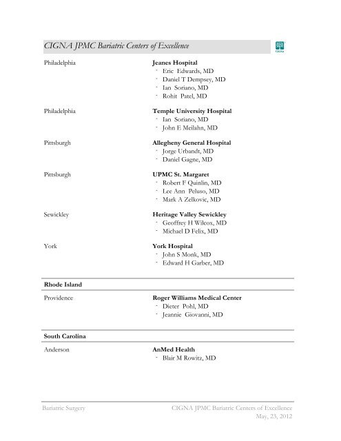 CIGNA JPMC Bariatric Centers Of Excellence