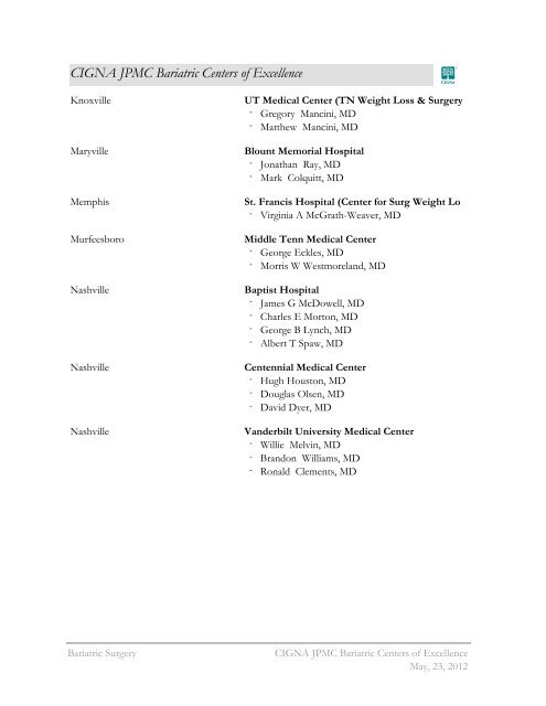 CIGNA JPMC Bariatric Centers Of Excellence