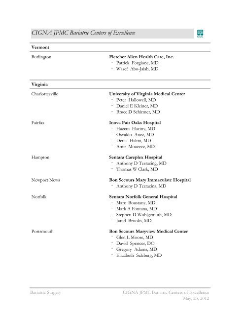 CIGNA JPMC Bariatric Centers Of Excellence