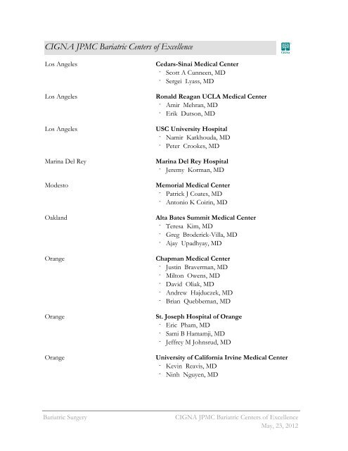 CIGNA JPMC Bariatric Centers Of Excellence