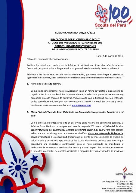 Comunicado 001 JSN 2011 directivas centenario.pdf - Scouts del Perú