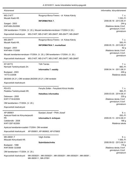 A tankönyvjegyzéken szereplő adatok Közismeret A tantárgy neve ...