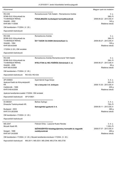 A tankönyvjegyzéken szereplő adatok Közismeret A tantárgy neve ...