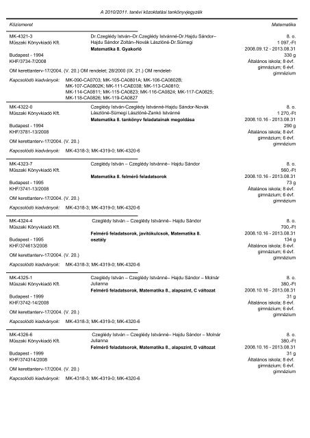 A tankönyvjegyzéken szereplő adatok Közismeret A tantárgy neve ...