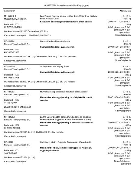 A tankönyvjegyzéken szereplő adatok Közismeret A tantárgy neve ...