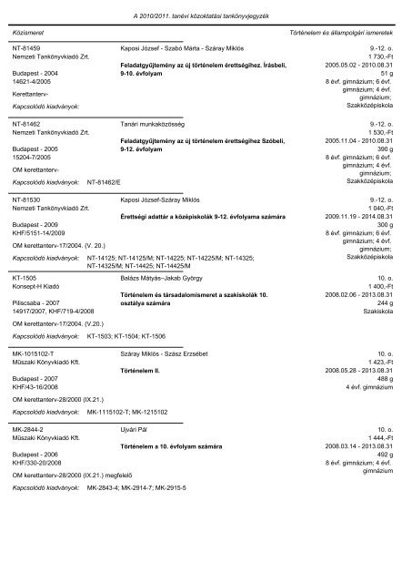 A tankönyvjegyzéken szereplő adatok Közismeret A tantárgy neve ...