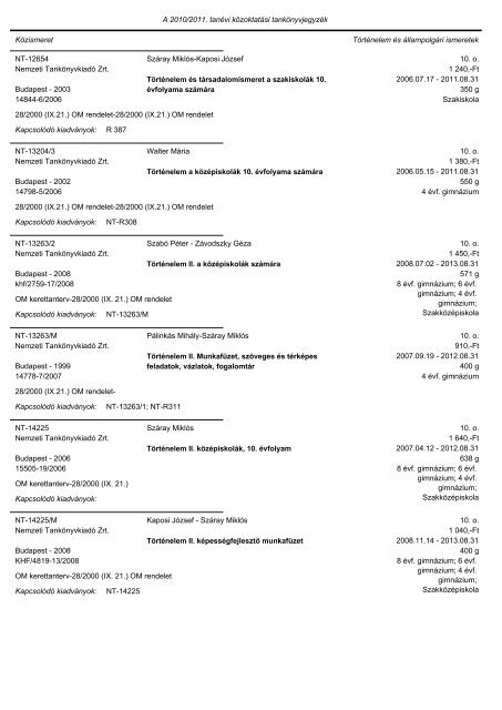 A tankönyvjegyzéken szereplő adatok Közismeret A tantárgy neve ...