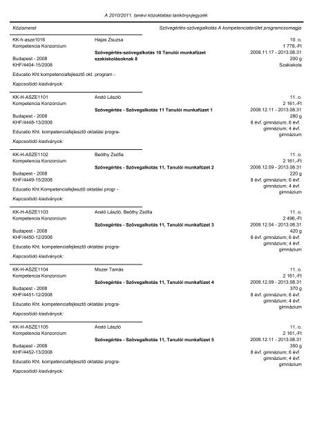 A tankönyvjegyzéken szereplő adatok Közismeret A tantárgy neve ...