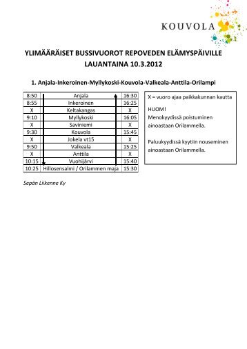 Katso tarkat reitit ja aikataulut tästä. - Kouvola