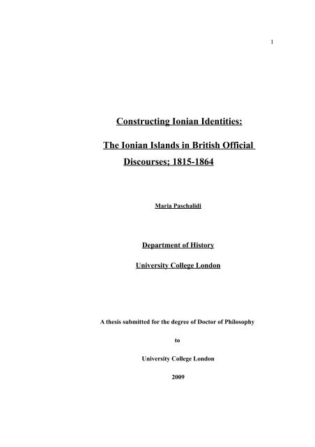 Constructing Ionian identities: the Ionian Islands in British official ...